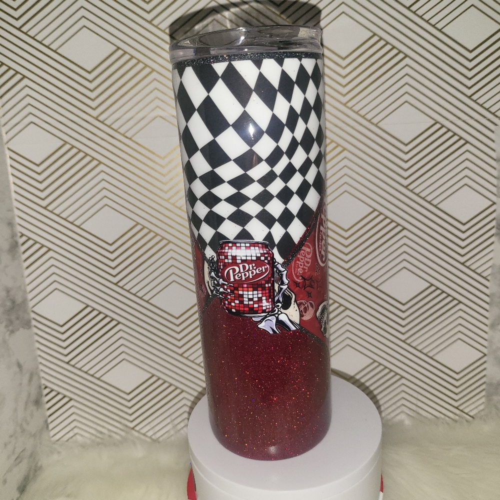 Dr Pepper Checkered Tumbler with Glitter